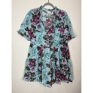 Sundance Turquoise Floral Provence Stroll Mini Dress Aqua V-neck Boho Sz PXL